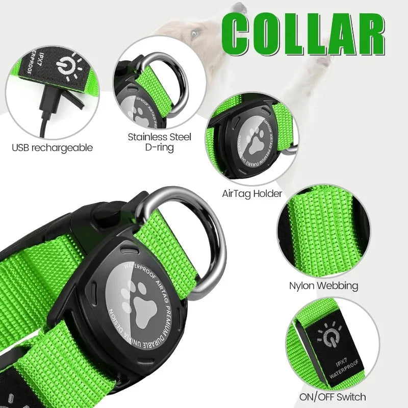 Rechargeable LED Dog Collar with Built-in AirTag Holder