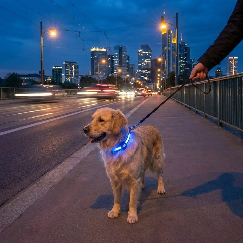 Dog on a leash with a glowing collar walking on a bridge at night in an urban setting